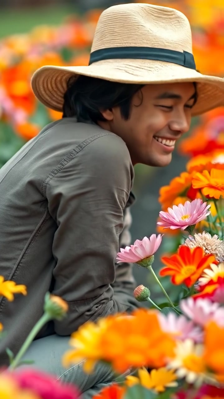 Description of the attached image: Ken a person is kneeling in colorful flowers wearing a sunhat and gardening.. Instructions for Veo: close up of the person smiling as they smell a flower