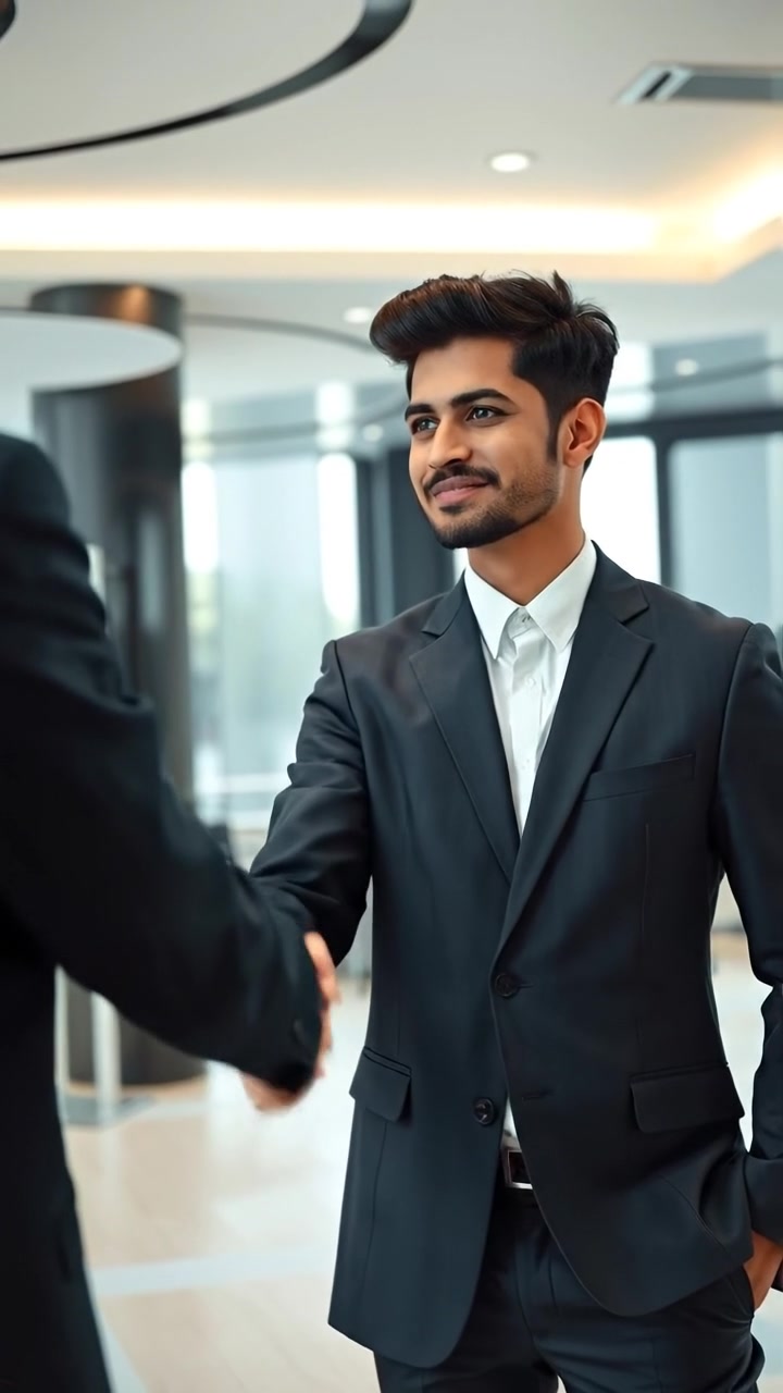 Description of the attached image: Arjun wearing a business suit shaking hands with someone in a sleek office . Instructions for Veo: shaking hands with a single other person