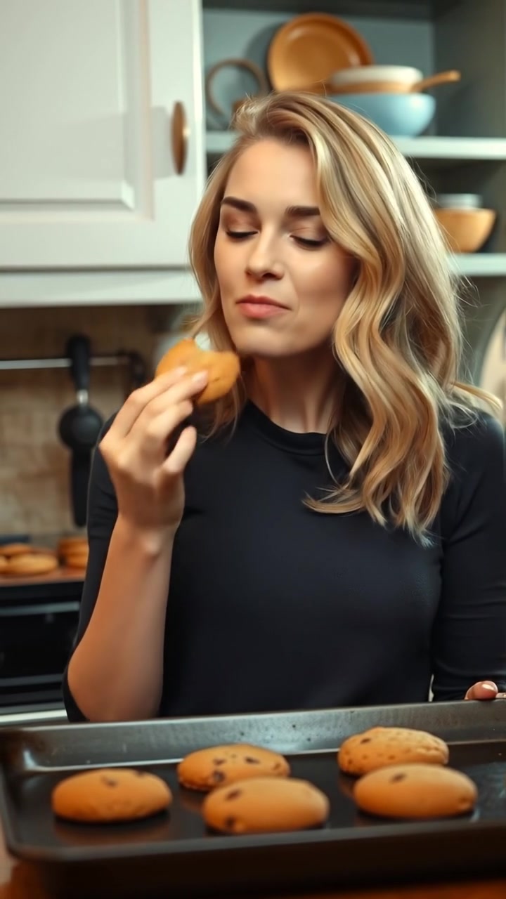 Description of the attached image: Ashley A woman in a cottage-style kitchen tries a cookie that just came out of the oven, in front of a baking tray with cookies. Instructions for Veo: she picks up a cookie and tries it