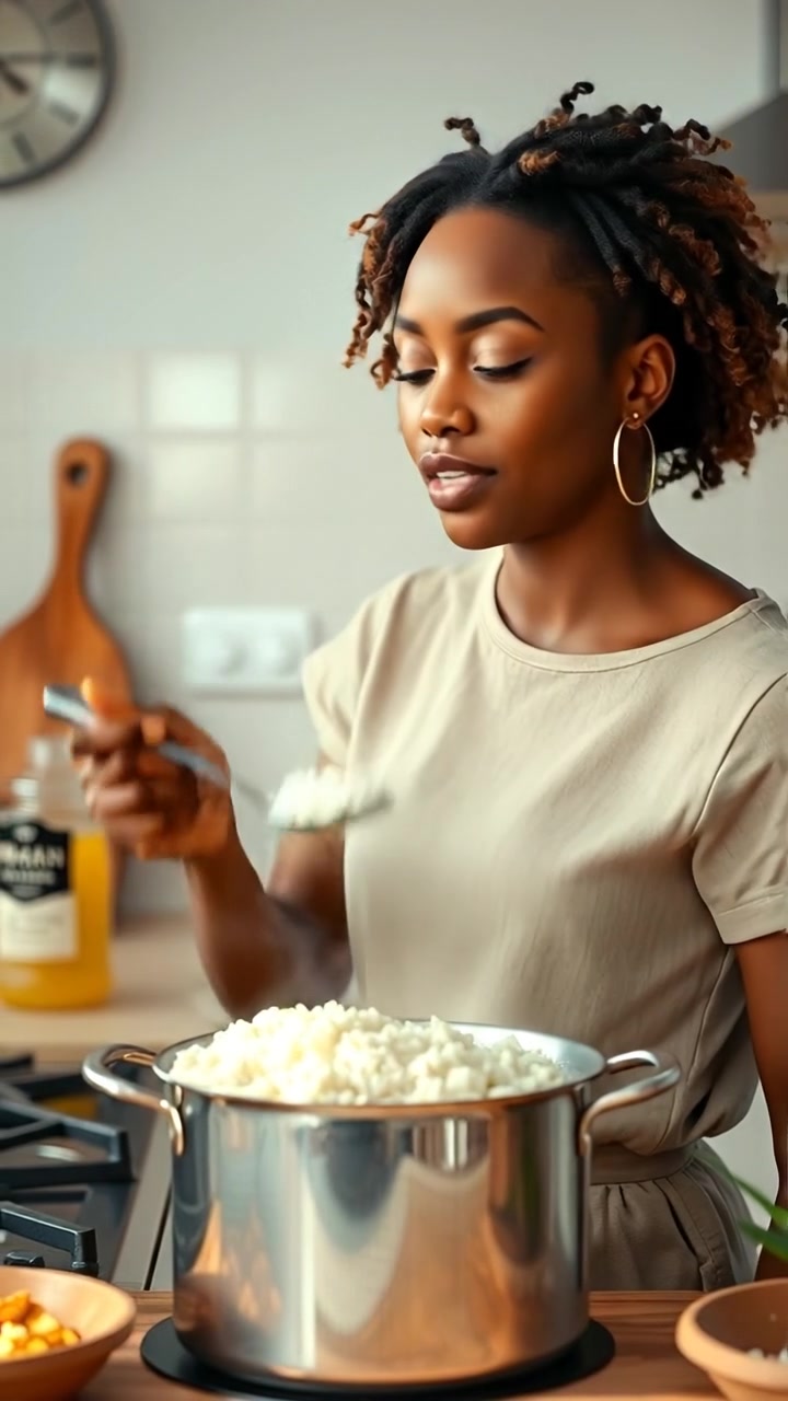 Description of the attached image: Nia In a bright, minimal kitchen, a woman stirs a pot of steaming rice. . Instructions for Veo: she ifts the spoon and tries the rice, as the camera zooms out and sunlight drops into the kitchen