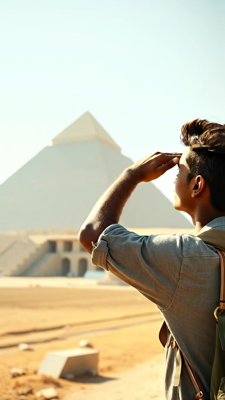 Description of the attached image: Arjun A traveler in light clothing walks past a massive pyramid in the midday sun. Instructions for Veo: wide shot as they pause to shield their eyes and admire the monument. the camera tilts upward, capturing the scale and ancient texture.