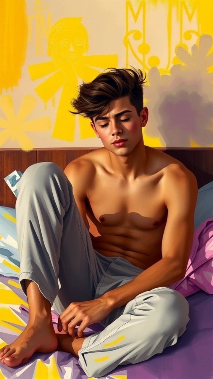 Subject: A young man with a remorseful expression, sitting on the edge of his bed. Scene: A dimly lit bedroom, with soft shadows enveloping the room and personal items scattered around. Style: Moody lighting that enhances the reflective atmosphere. Motion: The camera executes a slow, intimate push-in towards the subject, capturing the subtle turmoil in his expression as he gazes down, lost in thought.