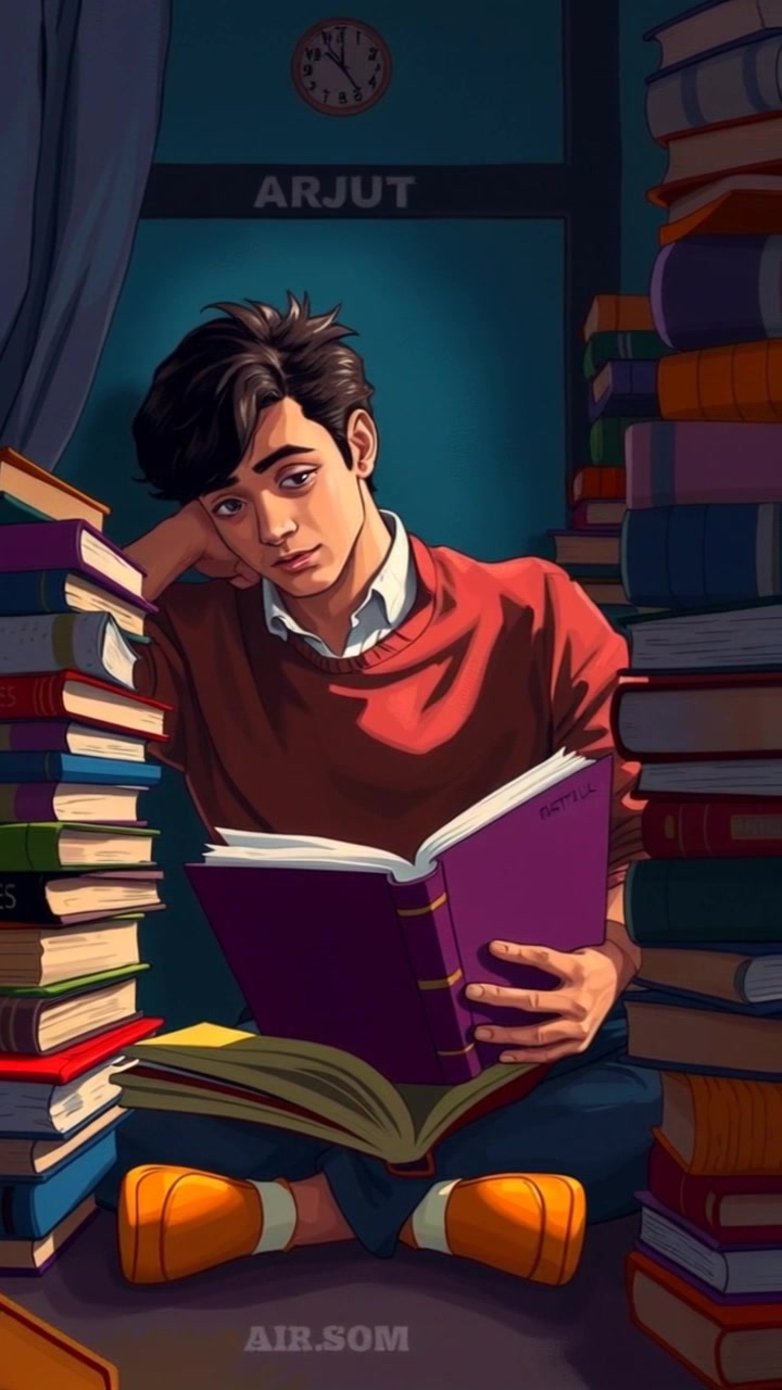 Scene: Arjun studying late at night in a dimly lit room, surrounded by stacks of books creating a scholarly atmosphere. Style: Soft, warm lighting casts gentle shadows, creating an intimate and focused ambiance. Motion: The camera slowly pans around the room, highlighting the piles of books while capturing Arjun's concentrated expression as he turns the pages of a book.