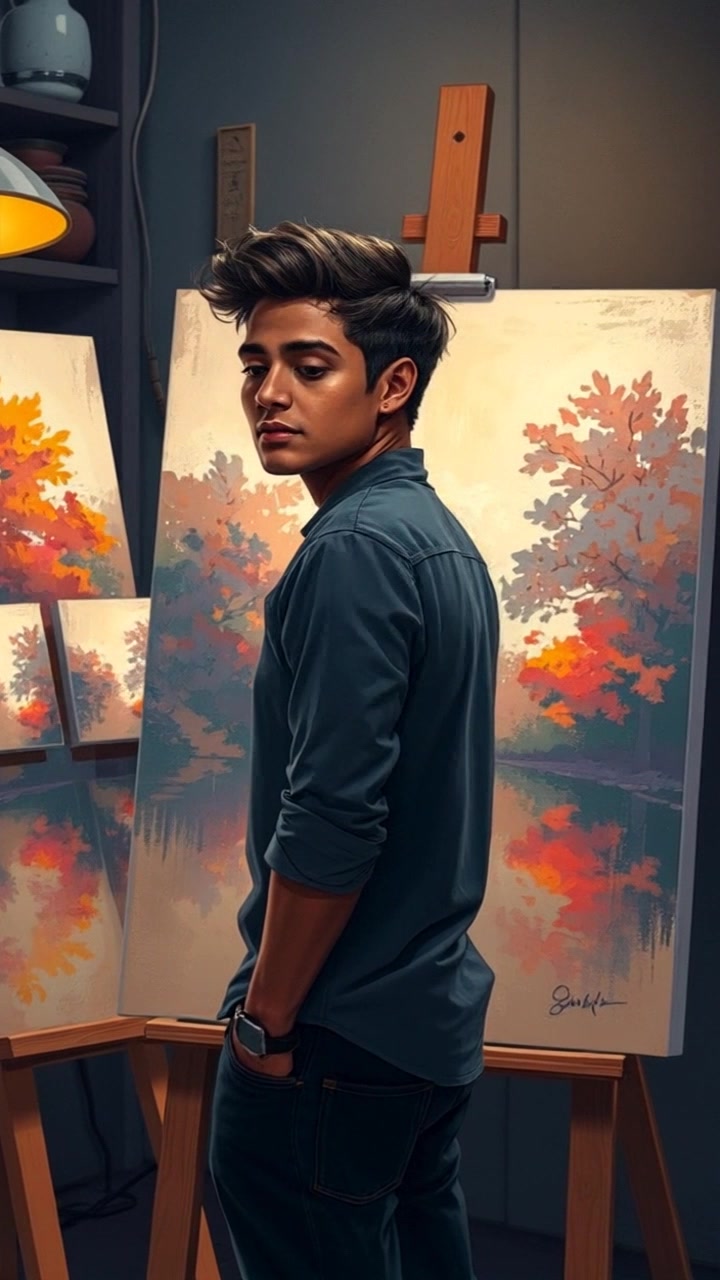 Scene: A dimly lit art studio filled with canvases and paint supplies, creating an intimate atmosphere. Style: Moody, ambient lighting highlighting the textures of the studio and the colors of the paintings. Motion: Camera gently pushes in toward Arjun, who stands contemplatively in front of his artwork, capturing the depth of his emotion as he gazes at the canvas.