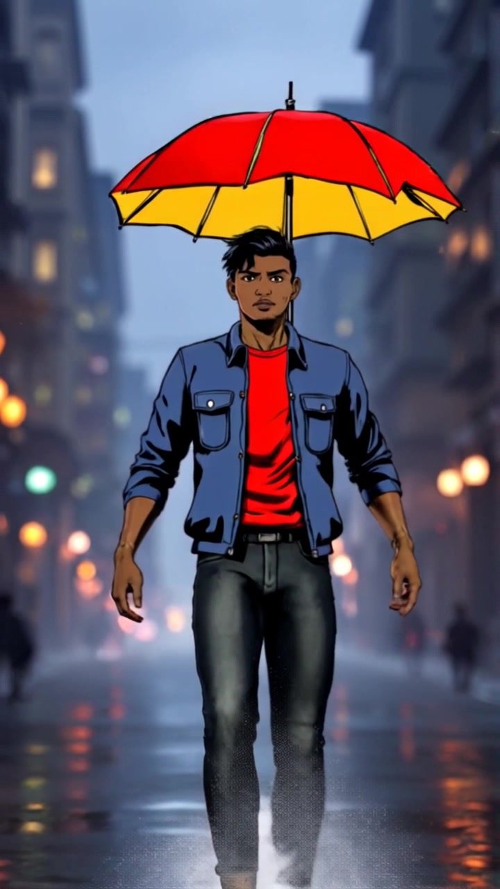Subject: A determined individual stepping out into the rain, holding an umbrella. Subject movement: The person strides confidently forward, water droplets cascading off the umbrella. Scene: Urban street scene drenched in rain, with reflections shimmering on the pavement and blurred city lights in the background. Style: Soft, diffused lighting from the overcast sky, creating a moody atmosphere. Motion: Camera closely follows the individual as they walk through the rain, capturing the rhythm of their steps and the splashes of water around them.