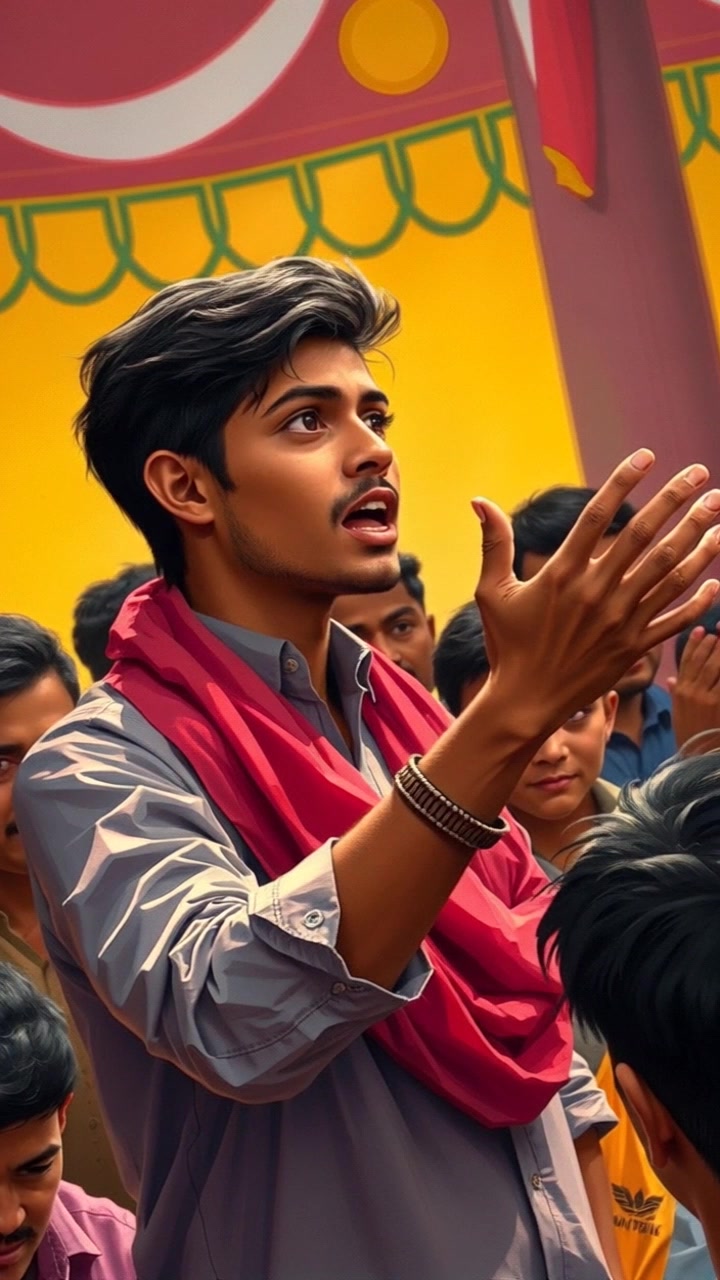 Subject: Arjun passionately addressing a large, engaged crowd. Subject movement: Arjun gestures widely, stepping forward as he emphasizes his points, while the crowd nods in agreement. Scene: An outdoor rally with vibrant flags and banners, filled with an enthusiastic audience in a sunlit park. Lighting: Bright daylight illuminating the scene with a warm and energetic atmosphere. Motion: Camera captures a dynamic close-up of Arjun's expressive gestures and then pans smoothly to the energized crowd, creating a lively connection between speaker and audience.