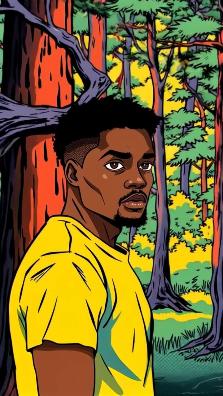 Subject: Isaiah standing at the edge of a forest. Subject movement: He gazes intently into the dense trees, shifting slightly to examine the surrounding environment. Scene: A tranquil forest setting with a rich tapestry of green foliage and dappled sunlight filtering through the leaves. Style: Warm, ethereal lighting accentuating the forest's beauty, creating a serene and inviting atmosphere. Motion: Camera slowly pushes in on Isaiah, capturing the intensity of his gaze as the sounds of the forest come to life in the background.