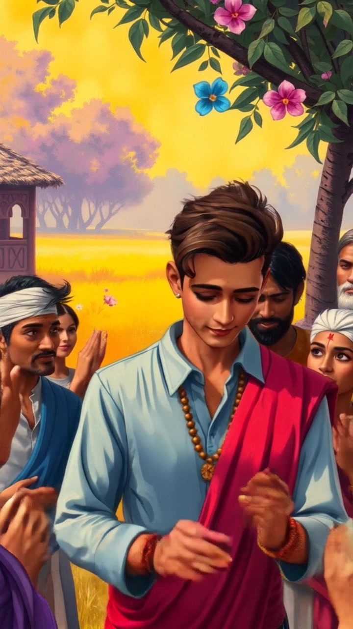 Scene: A group of villagers gathered in a lush green field, surrounding a hardworking farmer named Arjun, who is receiving their applause and praise. Style: Warm afternoon light infusing the scene with a golden glow, emphasizing the joy and camaraderie of the moment. Motion: The camera smoothly pans around the villagers, capturing their animated expressions and gestures of appreciation, while Arjun stands in the center, smiling humbly, creating an inviting and uplifting atmosphere.