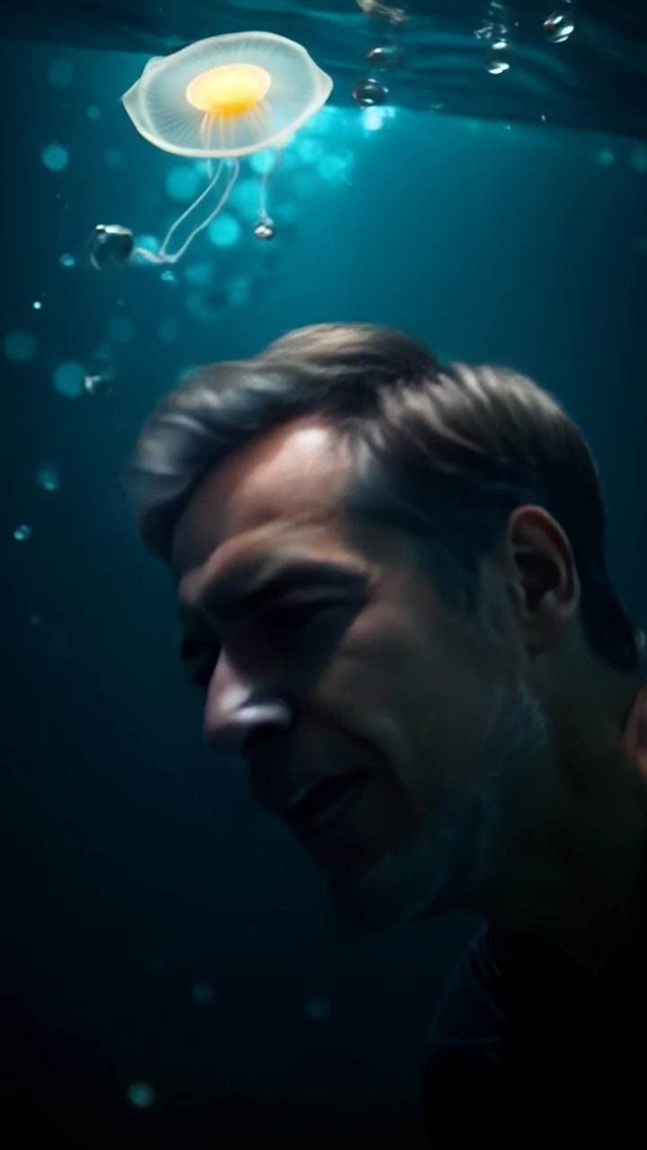 Scene: A dramatic underwater moment with Omar facing a sudden danger, surrounded by blurred shadows and dynamic currents. Style: Soft, diffused light filtering through the water, creating an otherworldly glow that accentuates the tension. Motion: The camera tracks in closely, capturing the intensity in Omar's expression as he instinctively dives deeper, with the swirling water around him adding a sense of urgency and suspense.