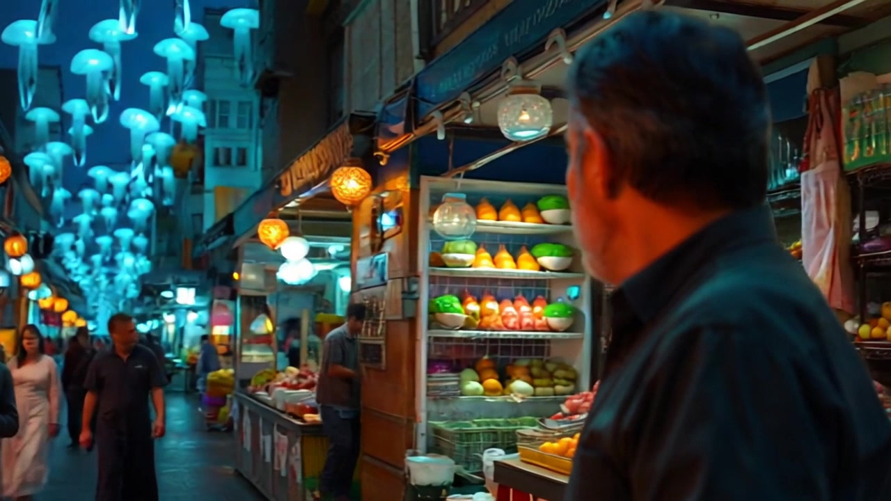 Scene: A bustling marketplace in a vibrant Middle Eastern city, filled with colorful stalls showcasing a variety of goods and local produce. Style: Warm sunlight bathes the scene, illuminating the rich colors and intricate details of the goods on display. Motion: The camera sweeps through the marketplace with a dynamic handheld tracking shot, weaving between the stalls as the sounds of lively commerce echo around.