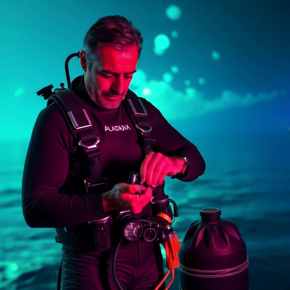 Subject: A diver in a diving suit. Subject movement: The diver is methodically preparing equipment by the boat, adjusting and checking gear. Scene: Situated beside a boat on the vibrant blue ocean, with gentle waves lapping at the hull and a clear sky above. Style: Bright, sunlit ocean setting with reflections dancing on the water's surface. Motion: A smooth handheld camera tracking shot, circling around the diver as they work, capturing the intricate details of the equipment and the serene seascape.