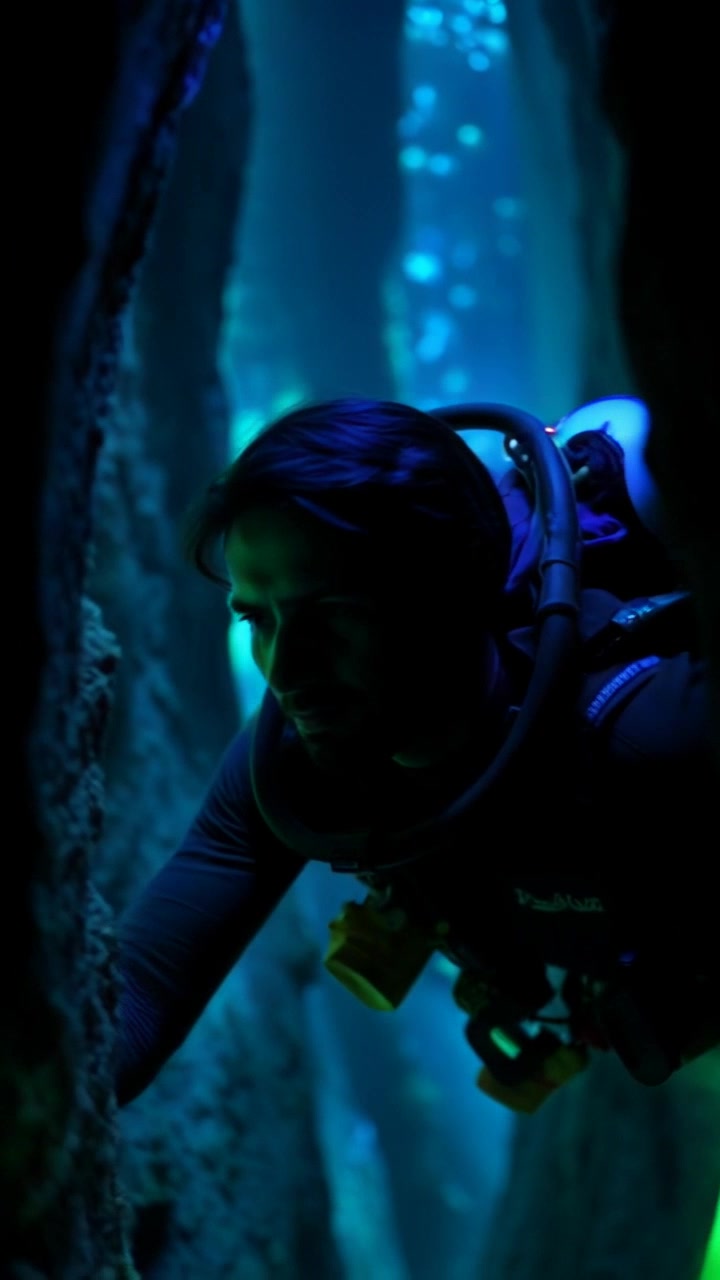 Subject: A diver in a diving suit exploring a mysterious underwater cave. Subject movement: The diver swims cautiously through narrow, dark passages, using a flashlight to illuminate the surroundings. Scene: Dark, eerie underwater cave with rocky walls and shimmering water. Style: Ambient lighting reflects off the cave walls, creating a surreal atmosphere. Motion: The camera follows the diver in a smooth tracking shot, weaving through the twists and turns of the cave.