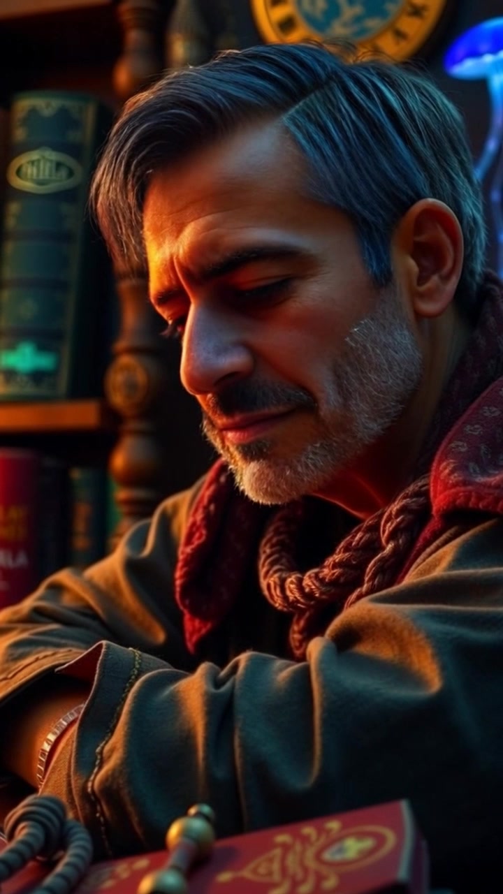 Scene: A close-up of a person deep in thought at a well-worn wooden desk cluttered with books and scrolls, embodying a reflective moment. Style: Soft, ambient lighting casting gentle shadows, creating an intimate atmosphere. Motion: The camera slowly pushes in, focusing on the subject's pensive expression while subtly revealing the intricacies of the surrounding books and scrolls.