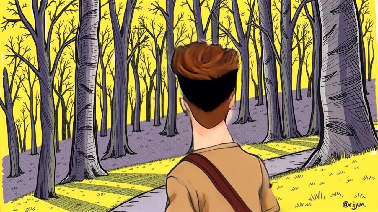 Subject: A person walking through a forest. Subject movement: The person walks animatedly along a winding path, looking around curiously at the trees and foliage. Scene: A lush, green forest path surrounded by dense trees, dappled sunlight filtering through the leaves above. Style: Soft, dappled light creating a serene and inviting atmosphere. Motion: The camera follows the person with a smooth tracking shot from behind, gently revealing the vibrant greenery and playful shadows as they step through the vibrant forest.