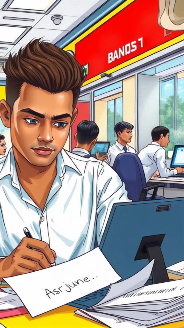 Subject: A focused individual working at a desk. Subject movement: The person is diligently sorting through papers, occasionally reaching for a pen. Scene: A busy bank office filled with paperwork, computers, and colleagues engaged in conversation. Style: Ambient office lighting creating a professional atmosphere. Motion: The camera smoothly glides across the office, capturing the hustle and bustle as it transitions from the individual at their desk to a broader view of the entire workspace.
