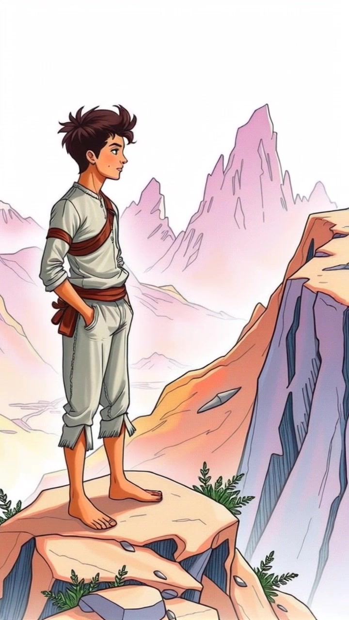 Subject: A figure standing on a rocky hilltop. Subject movement: The figure, Arjun, gazes contemplatively at the breathtaking landscape, with a gentle breeze causing his hair to sway. Scene: Rocky hilltop with sweeping views of a vast landscape that includes majestic mountains in the background. Style: Late afternoon light casting soft shadows and illuminating the details of the rocky terrain. Motion: The camera starts with a wide shot from behind, panning slowly to the side to capture the grandeur of the landscape as Arjun stands still, taking in the view.