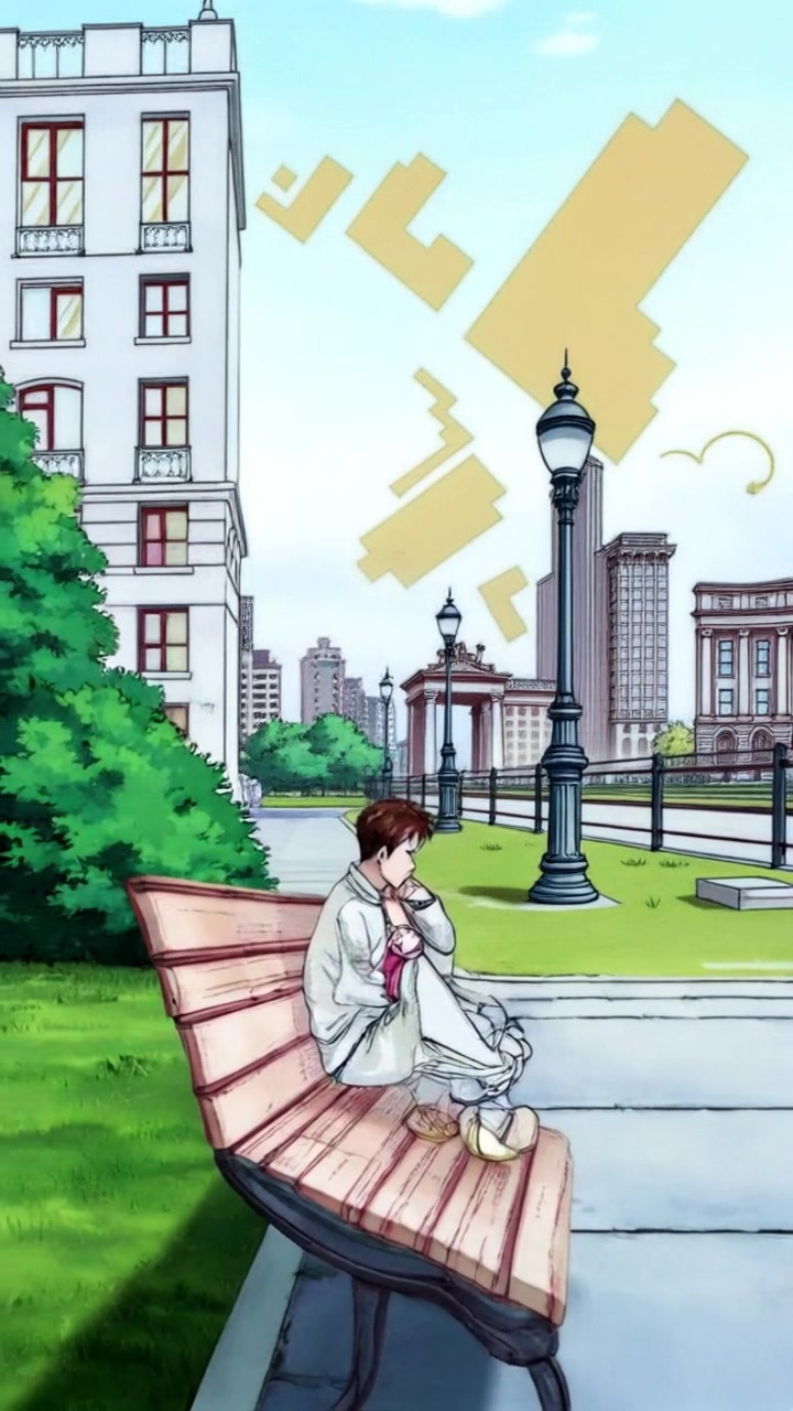 Subject: A young man sitting on a park bench, looking troubled as he gazes at the city skyline. Subject movement: He shifts slightly, resting his chin on his hand, deep in thought. Scene: A serene park overlooking a bustling city, with lush greenery surrounding the bench. Style: Soft morning light filtering through the trees, casting gentle shadows. Motion: The camera starts with a close-up of his contemplative expression, then slowly pushes out to reveal the contrast between his stillness and the vibrant city life in the background.