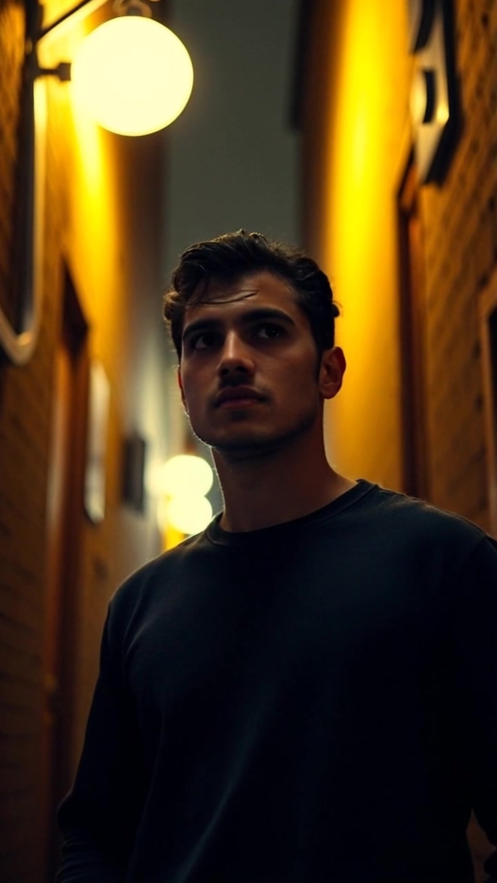 Subject: A young man standing alone in an alley, glancing around nervously. Scene: Dimly lit urban alley with glowing neon lights above casting an eerie glow on the surroundings. Motion: Camera slowly moves in, focusing on his anxious expression, while the background blurs gently, creating a tense atmosphere. Lighting: Ambient, with contrasting warm neon lights illuminating the scene. Atmosphere: Moody and suspenseful as night envelops the alley.