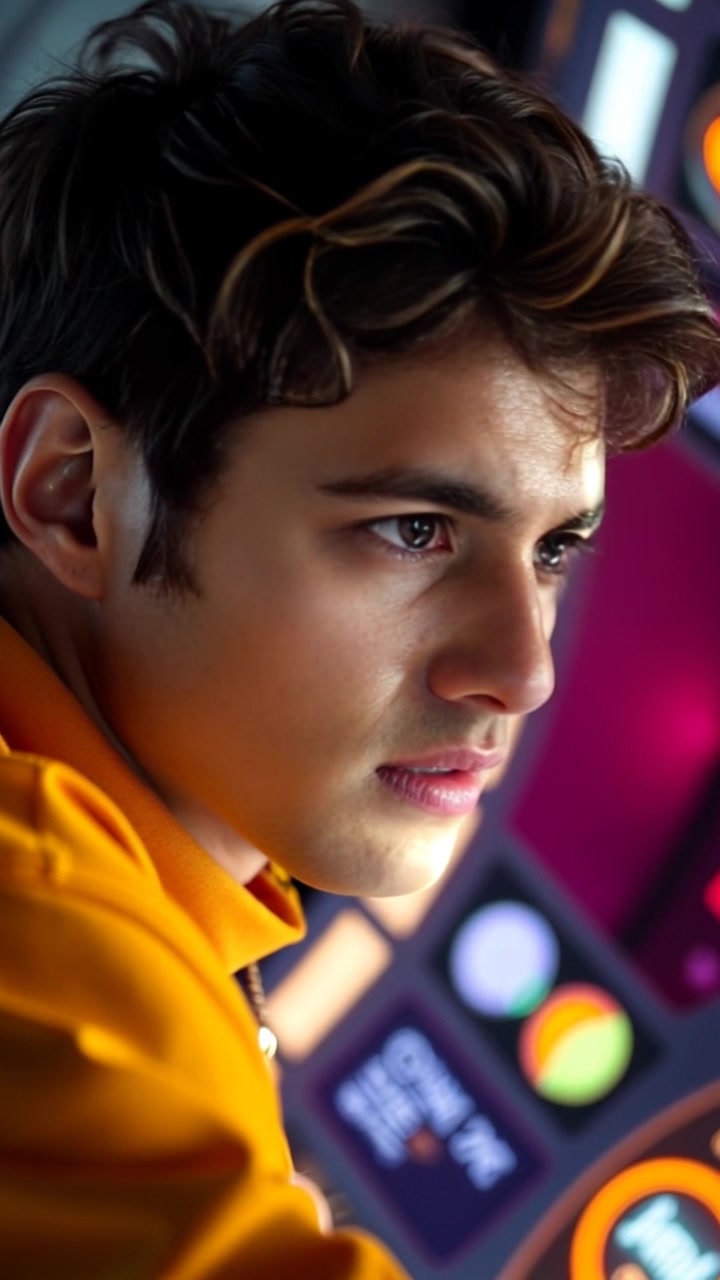 Subject: Mateo, focused on his console. Subject movement: Mateo shifts anxiously, glancing at the screen with a worried expression as he taps the console buttons urgently. Scene: A dimly lit room, with the glow of the console screens providing ambient light. Style: Cool, blue-toned lighting accentuating the tension in the scene. Motion: Camera slowly pushes in for a dramatic close-up on Mateo's face, capturing the reflection of the screen lights in his eyes, highlighting his concern.