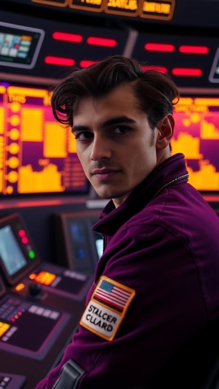 Subject: Mateo at his control console. Subject movement: Mateo shifts slightly in his chair, glancing between the screens with a focused frown. Scene: A high-tech control room filled with multiple monitors displaying data. Style: Cool, artificial lighting accentuates the sleek technology, creating a stark contrast with the shadows in the room. Motion: The camera performs a subtle push-in towards Mateo, capturing the intricate details of his expressions and the glowing screens around him, heightening the atmosphere of concentration and tension.