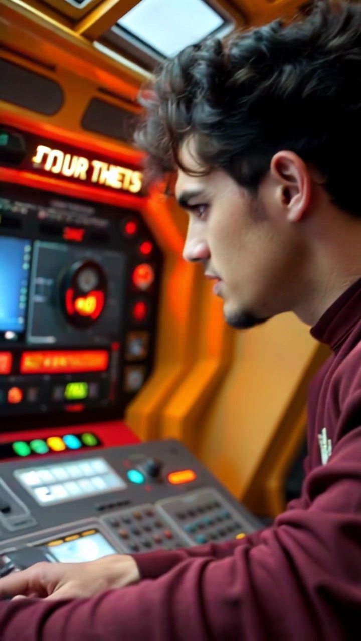 Subject: A focused individual at the control panel of a spaceship. Subject movement: Mateo's hands move briskly over the controls, and his expression shifts from urgency to determination. Scene: Inside a high-tech spacecraft cockpit, illuminated by blinking console lights and soft monitors. Style: Ambient lighting with a high-tech blue hue, creating a sense of suspense. Motion: Camera cuts between close-ups of Mateo's intense expressions and wide shots of the bustling control room, capturing the dynamic energy of the moment.