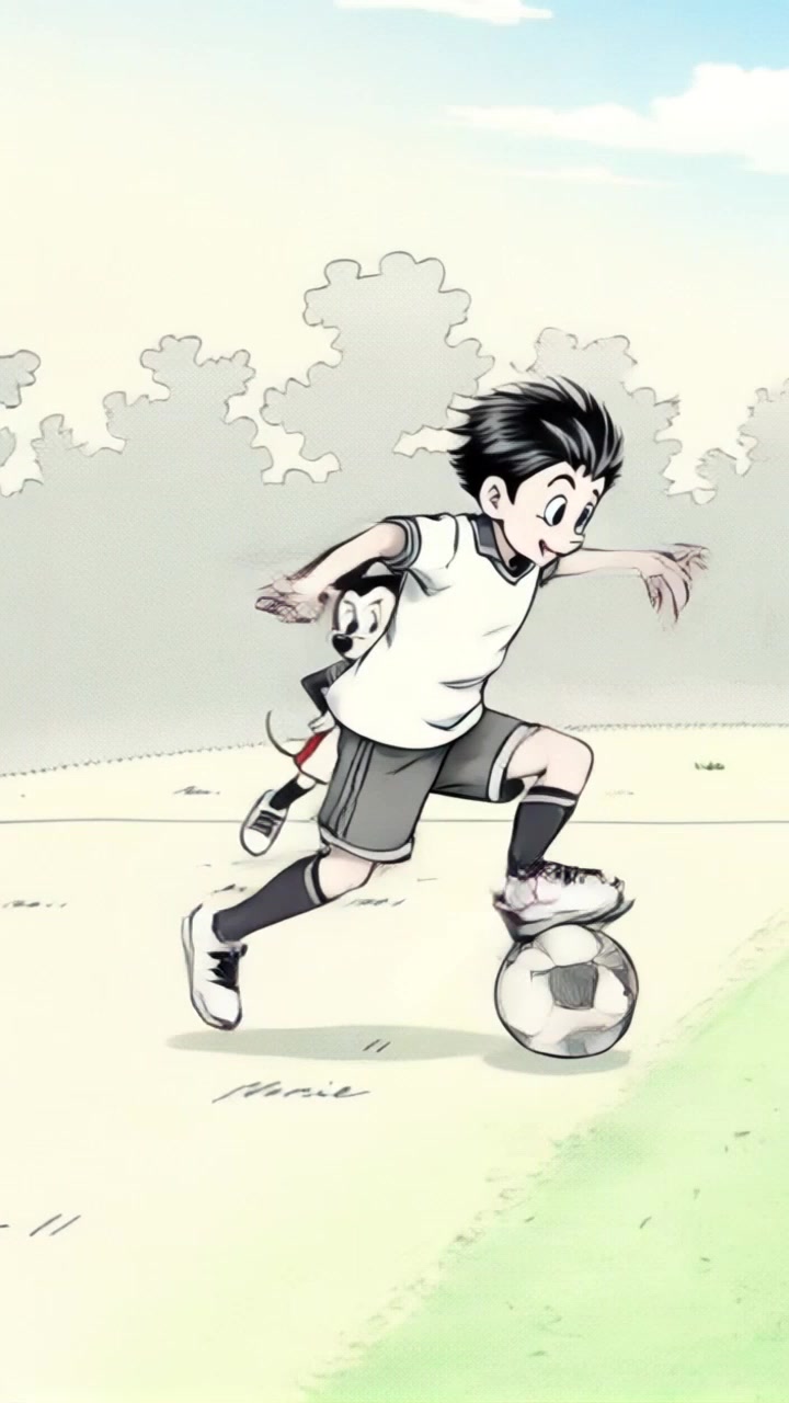 Subject: A soccer player skillfully dribbling a ball on the field. Subject movement: The player maneuvers quickly, dodging defenders who are in hot pursuit. Scene: An outdoor soccer field filled with vibrant green grass and a bright blue sky. Lighting: Afternoon light highlighting the action, creating sharp shadows on the field. Motion: The camera tracks closely with a handheld style, darting between players to capture the thrilling pursuit from a dynamic angle.