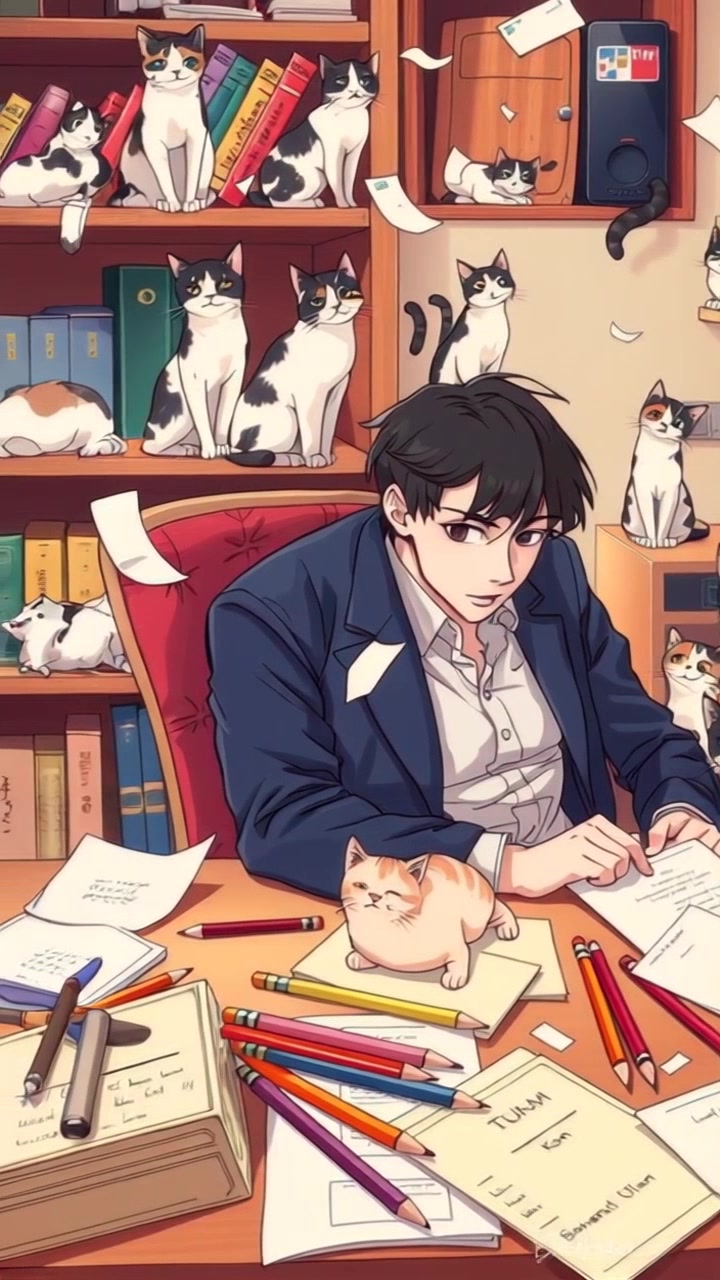 Scene: A cluttered desk filled with scattered papers and pencils, with Ken seated in deep concentration as he jots down ideas. Style: Warm lighting enveloping the workspace, creating a cozy and inviting atmosphere. Motion: Camera slowly pans around the desk, highlighting the disarray and Ken's focused expression as he flips through a stack of papers.