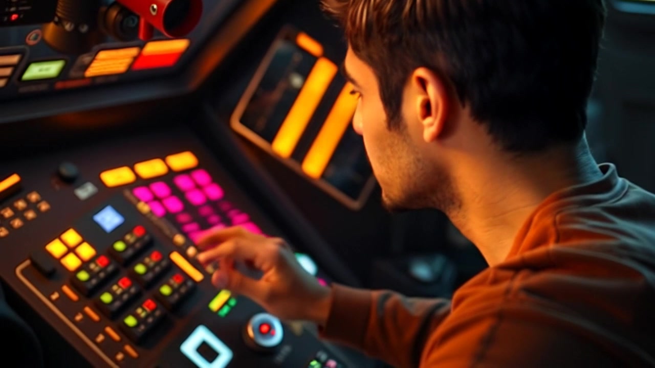Subject: Arjun intensely focused on his spacecraft control panel. Subject movement: Arjun's hands move swiftly across the buttons and screens, adjusting various controls with precision as he navigates through complex data. Scene: Inside the futuristic Montague Station, surrounded by glowing screens and intricate machinery. Style: Ambient lighting with a blue and silver color scheme that enhances the high-tech environment. Motion: Camera performs a dramatic close-up push-in on Arjun's hands as they work, then pulls back to reveal the intricate details of the control panel.