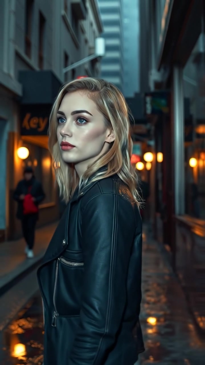 Ashley walking in a cyberpunk street at night when it's raining