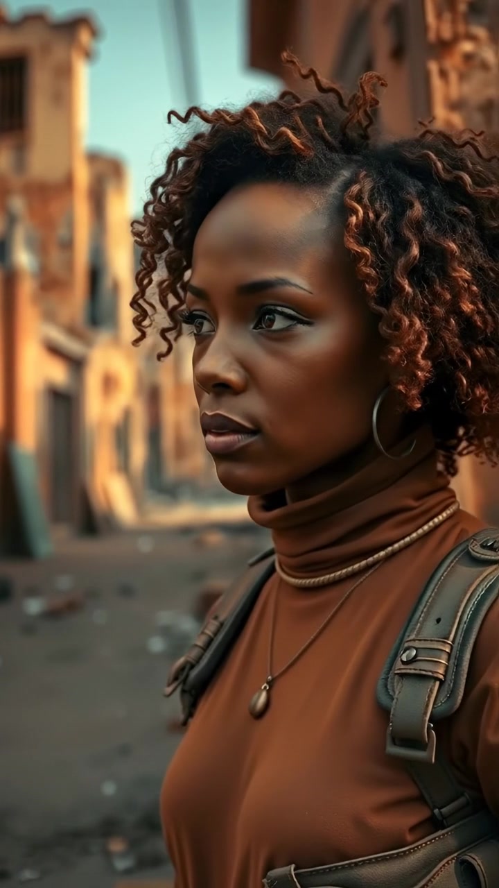Nia in a street with ruins in a post-apocalyptic world