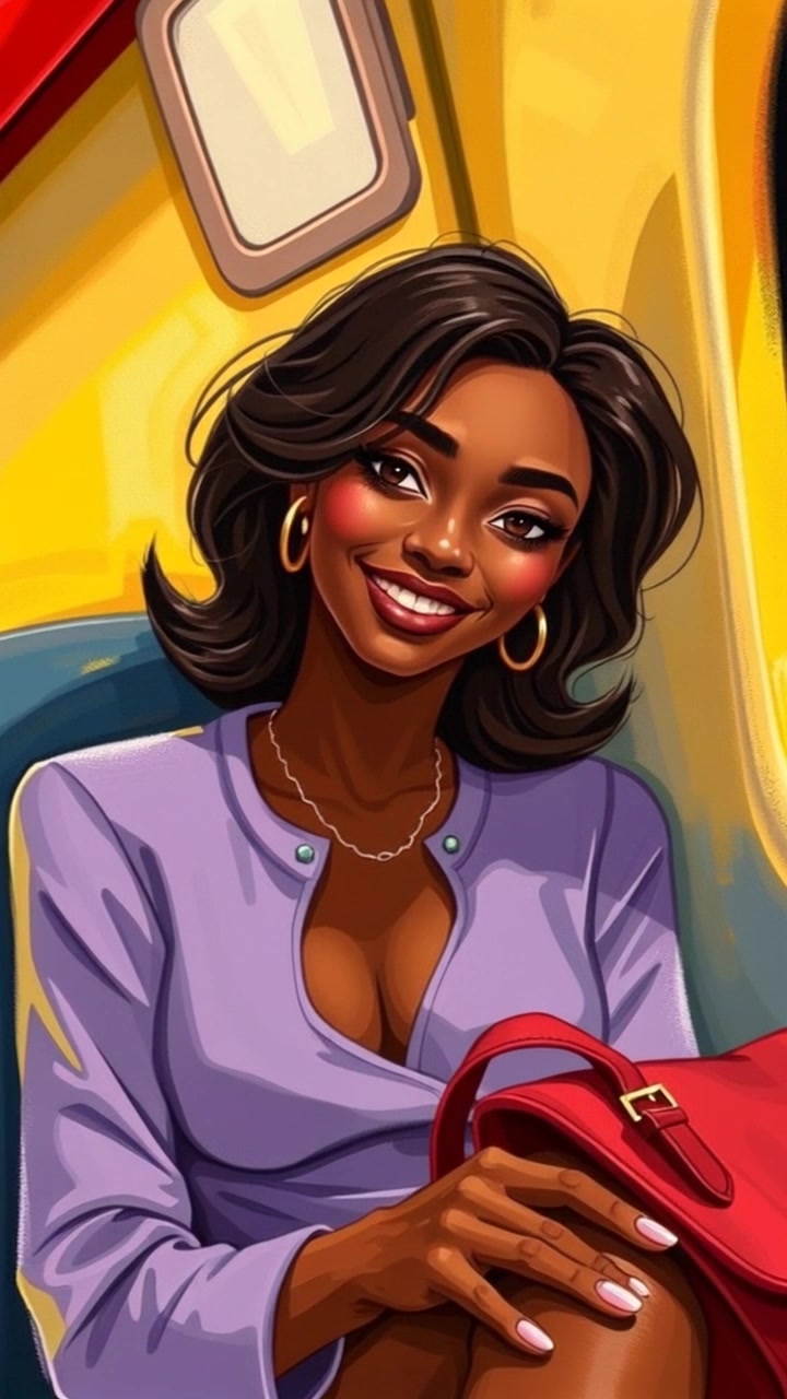 Subject: Monique smiling gently as she sits comfortably in her seat, with her bag placed beside her. Subject movement: She turns her head slightly to the side, smiling warmly at something off-screen. Scene: A cozy, inviting café setting, with soft background chatter and warm décor. Style: Morning light filtering through the windows, creating a cheerful and friendly ambiance. Motion: A slow push-in camera shot, focusing on her expression as the background blurs slightly, capturing the intimate moment.