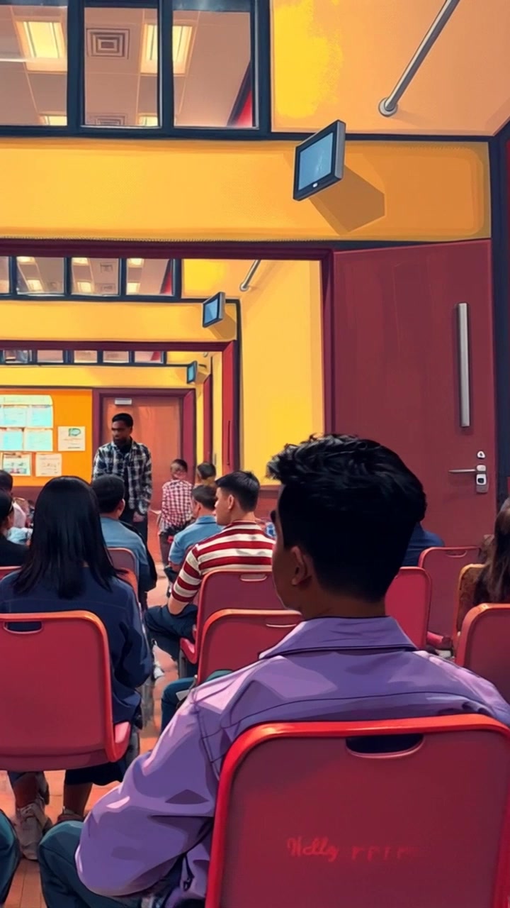 Subject: Isaiah rushing into a lecture hall. Subject movement: Isaiah bursts through the door, moving quickly to find a seat among the students. Scene: A bustling lecture hall filled with students, seated at desks and engaged in conversation. Style: Bright, overhead lighting creating an open and inviting atmosphere. Motion: Camera pans smoothly to follow Isaiah's hurried entrance, capturing the reactions of his classmates as he rushes past.
