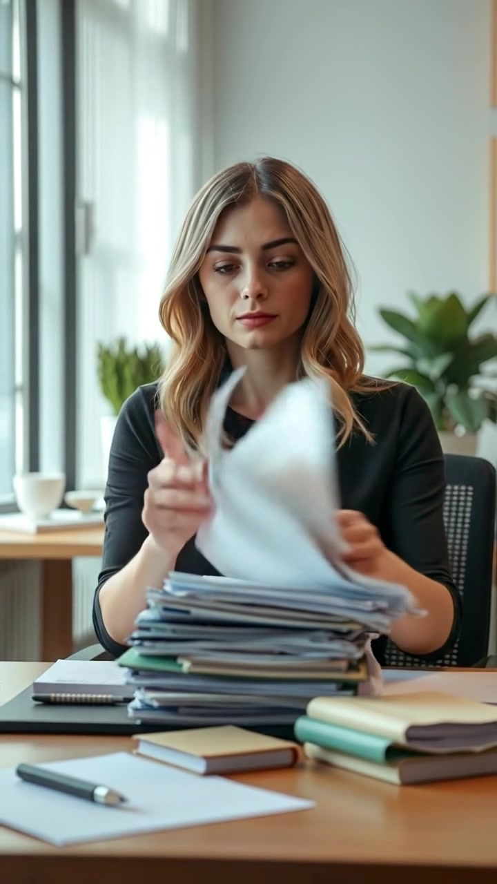 Ashley at a modern desk rapidly flips through a thick stack of papers 