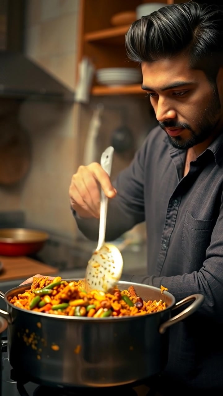 Arjun stirring a colorful pot of biryani with a spoon, in a warm Indian kitchen