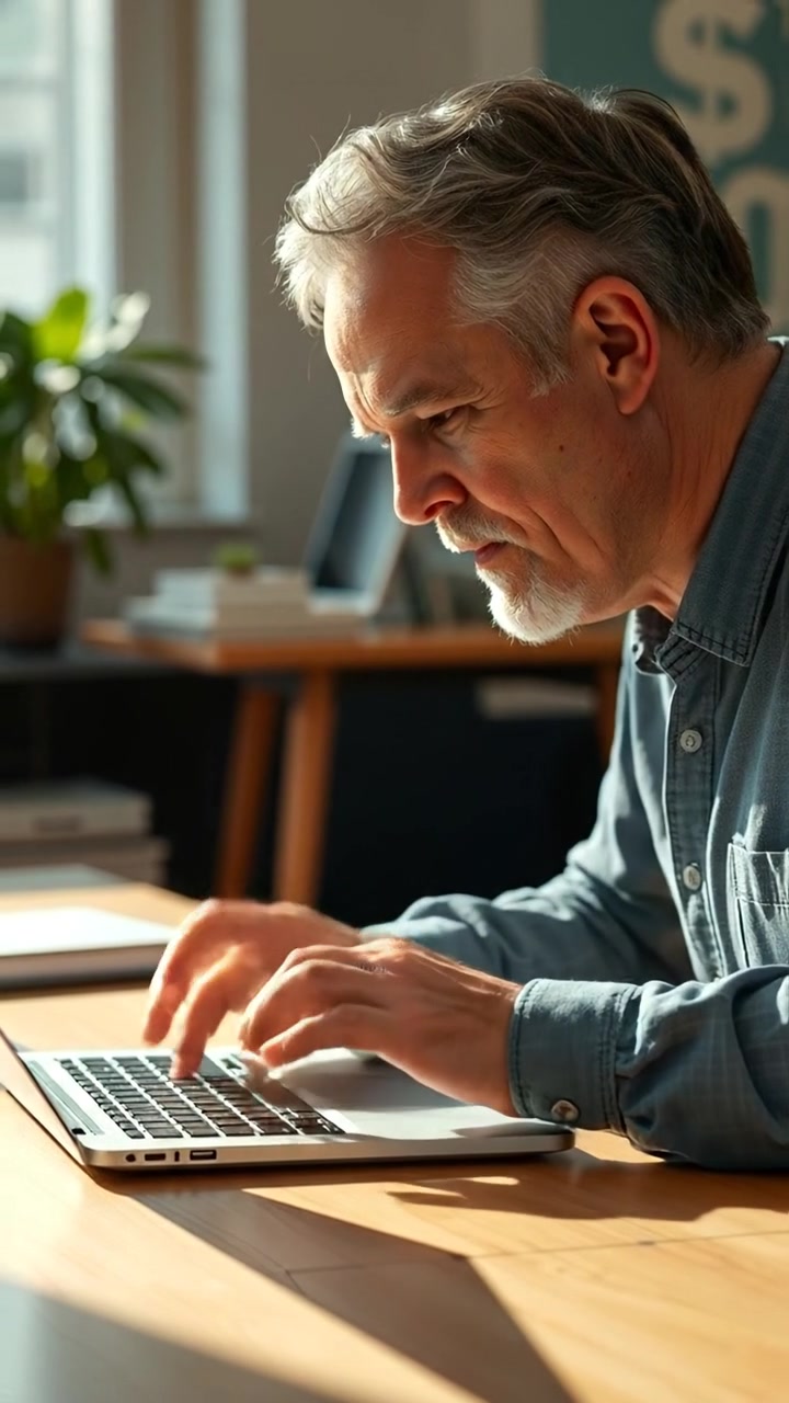 Mark typing on a on a sleek laptop in a sunlit workspace