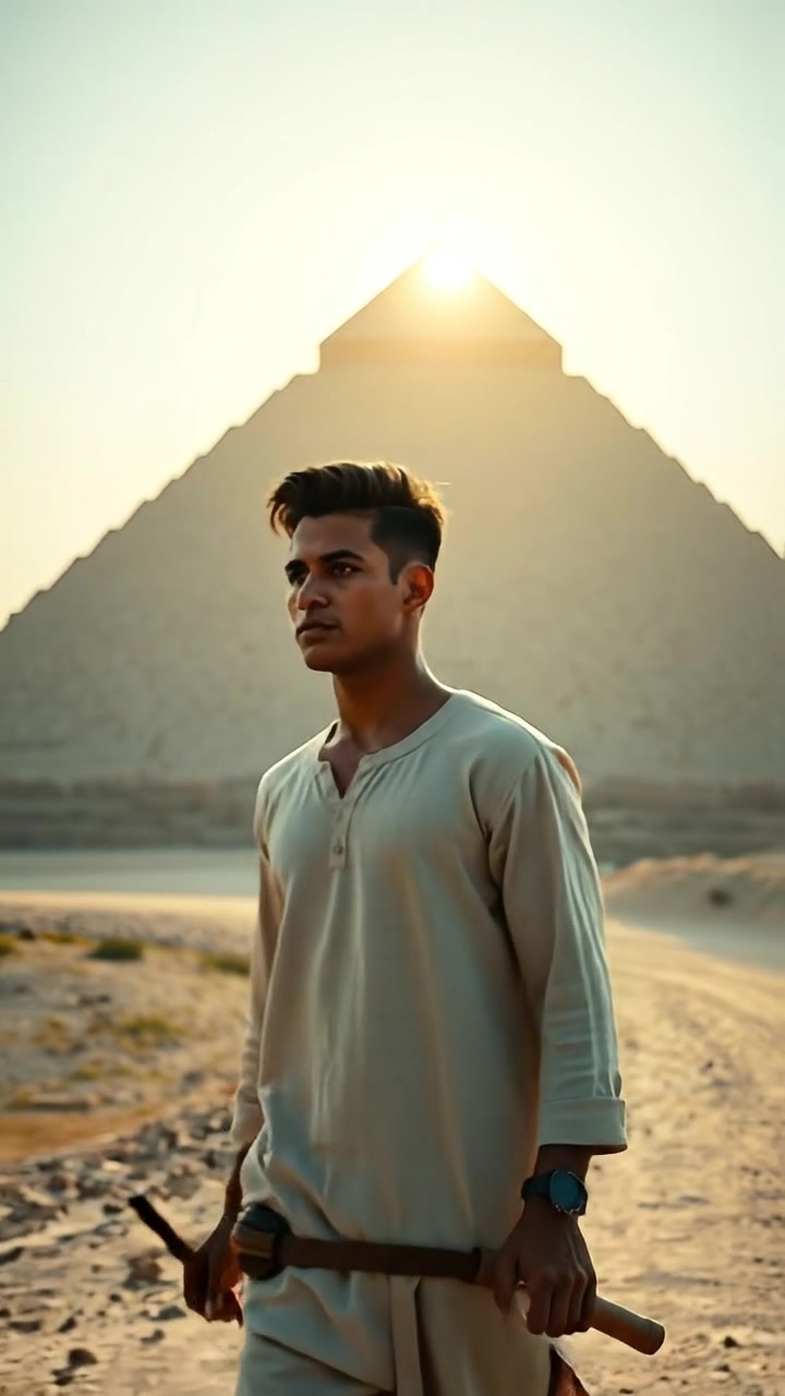 Arjun in light clothing walks past a massive pyramid in the midday sun