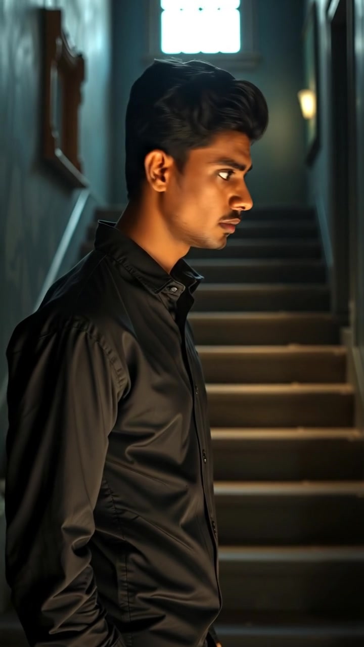 Arjun stands frozen at the base of a creaking staircase, in a dark, dusty mansion