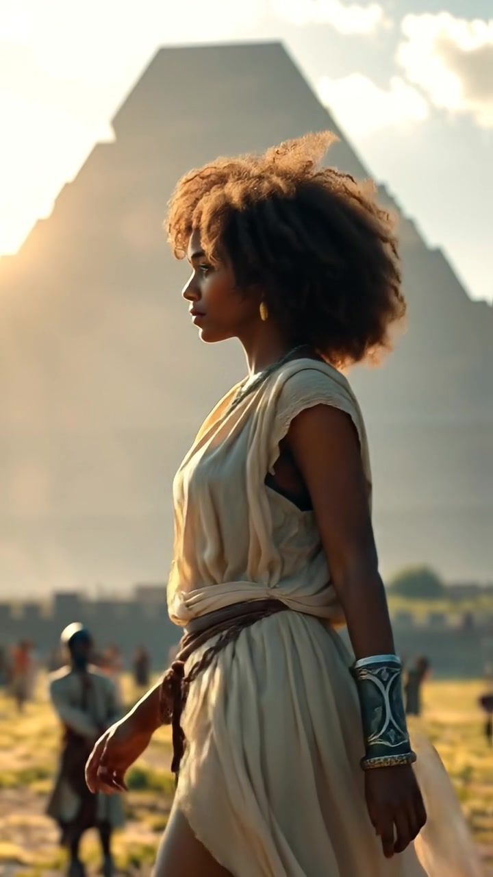 Nia in light clothing walks past a massive pyramid in the midday sun. 