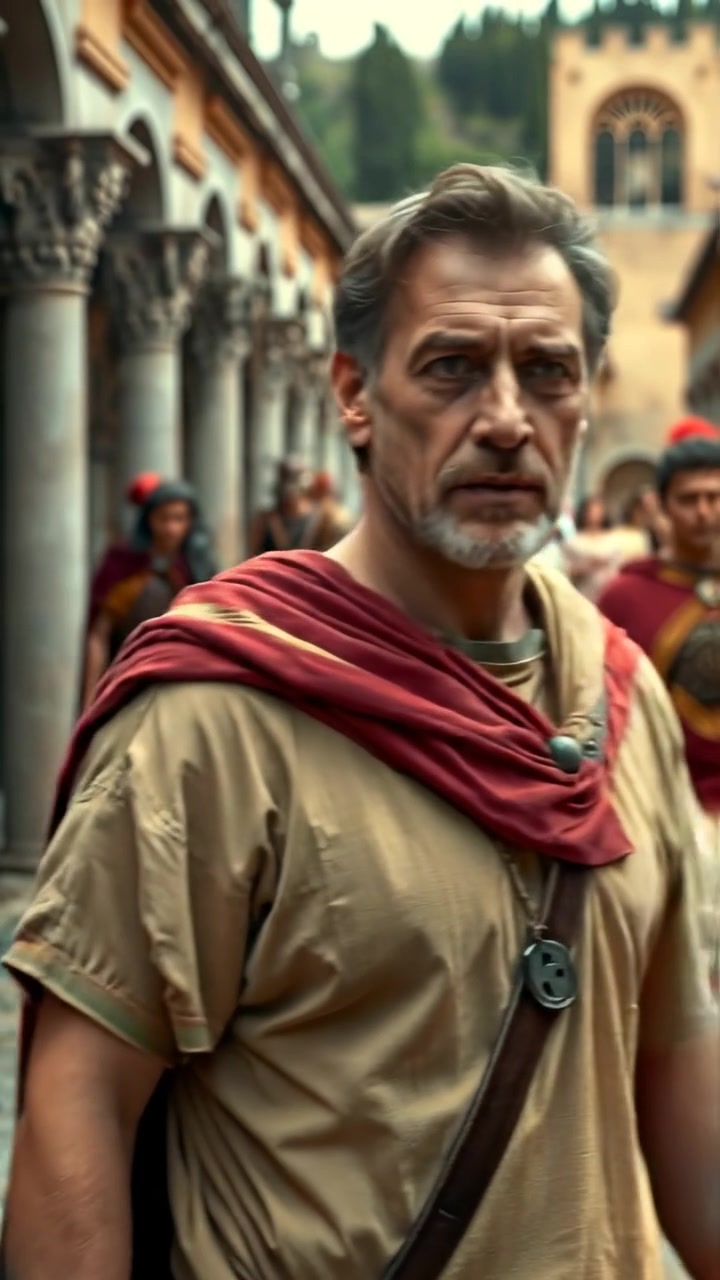 Mark dressed in ancient roman clothing walks past am ancient roman town