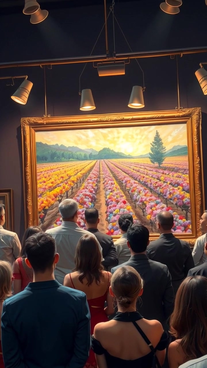 Scene: A bustling art auction scene filled with excited bidders and ornate decor, with a spotlight illuminating 'The Red Vineyard' as it is showcased on the auction stage. Style: Bright spotlight contrasting with the rich colors of the paintings, creating a dramatic effect in a lively atmosphere. Motion: The camera zooms in on the painting while smoothly panning across the crowd, capturing the anticipation and energy of the event.
