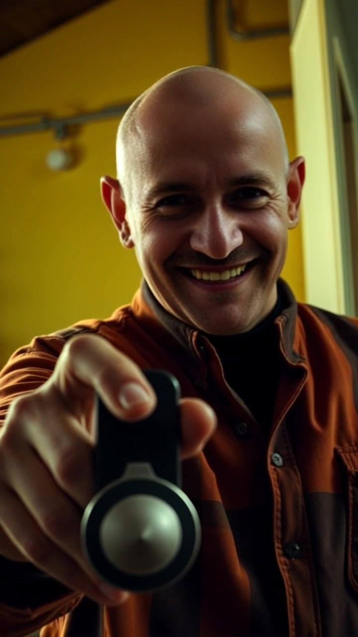 Subject: A person with a wide grin, holding a remote control poised above a large button. Scene: A bright living room filled with colorful furniture and playful decor, giving an inviting atmosphere. Motion: The camera slowly zooms in on the remote, capturing the excitement in the subject's expression as they prepare to press the button, with warm afternoon light streaming in through the window.