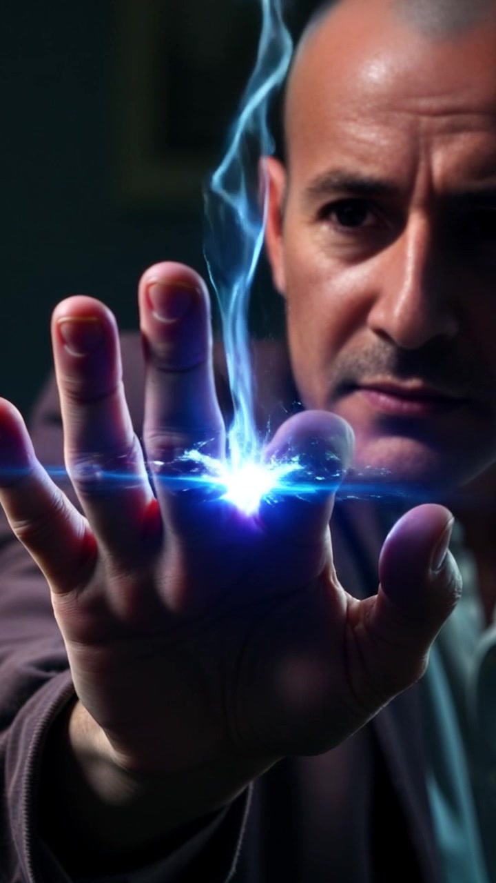 Subject: A close-up of a hand activating a device sparking with crackling energy. Subject movement: The hand presses a button, causing vibrant energy to pulse outwards. Scene: Focus on the hand in a dimly lit, high-tech environment filled with digital screens. Style: Ambient lighting with electric blue highlights illuminating the device's surface. Motion: The camera zooms in on the hand's motion, capturing the moment of activation in dramatic detail.