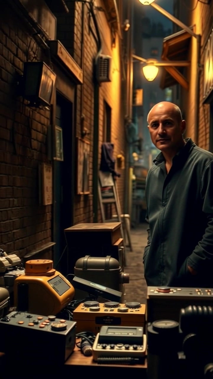 Scene: A dark alley in Gotham City, illuminated by flickering streetlights, with a large table filled with strange gadgets. Style: Shadowy and moody lighting, creating an atmosphere of intrigue and suspense. Motion: The camera smoothly pans across the table, revealing each gadget in detail as eerie shadows dance along the alley walls.