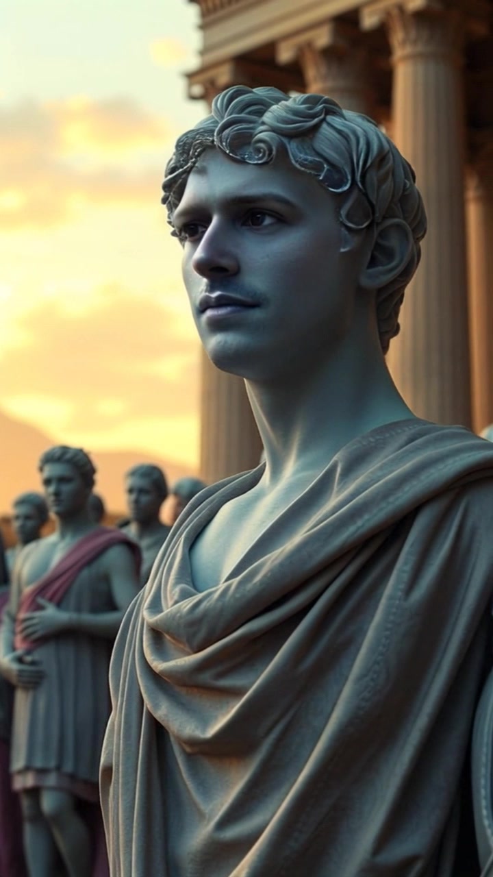 Scene: A statue of Ryan stands prominently, surrounded by a group of ancient Roman citizens who are listening attentively, their faces expressing a range of emotions. Style: Soft ambient lighting that enhances the grandeur of the statue and the rich textures of the Roman attire. Motion: The camera slowly pushes in towards the statue, capturing the intricate details, while the background figures subtly shift, as if engaged in a lively discussion.
