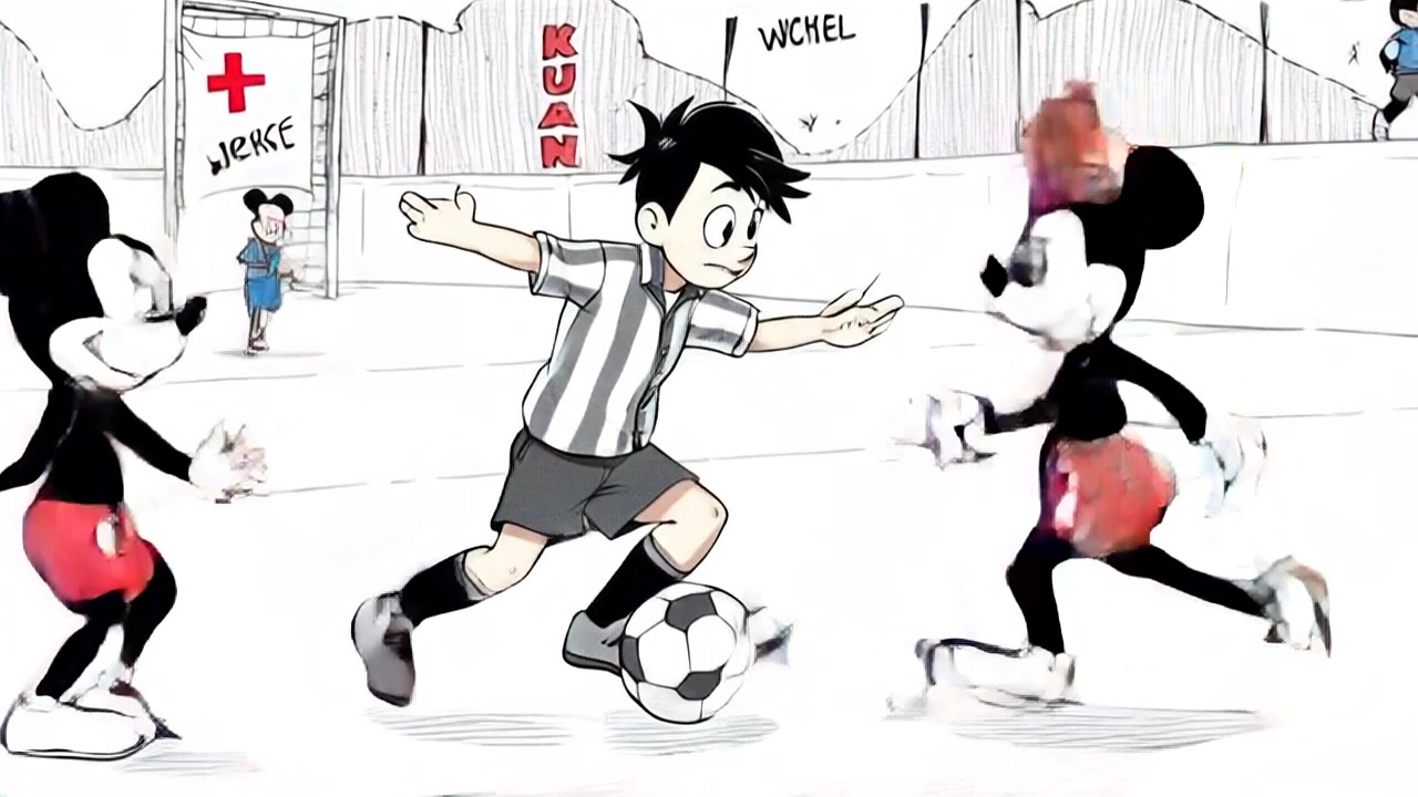 Subject: A skilled soccer player deftly weaving past two defenders on a lively soccer field. Subject movement: The player exhibits agility, performing quick footwork and sharp turns to evade tackles. Scene: The vibrant soccer field, with cheering spectators blurred in the background, as sunlight glints off the player's jersey. Camera: A dynamic tracking shot follows the player from behind, smoothly gliding alongside, highlighting both the player's fluid motion and the reactions of the defenders. Lighting: Bright afternoon light envelops the scene, creating a lively and energetic atmosphere.