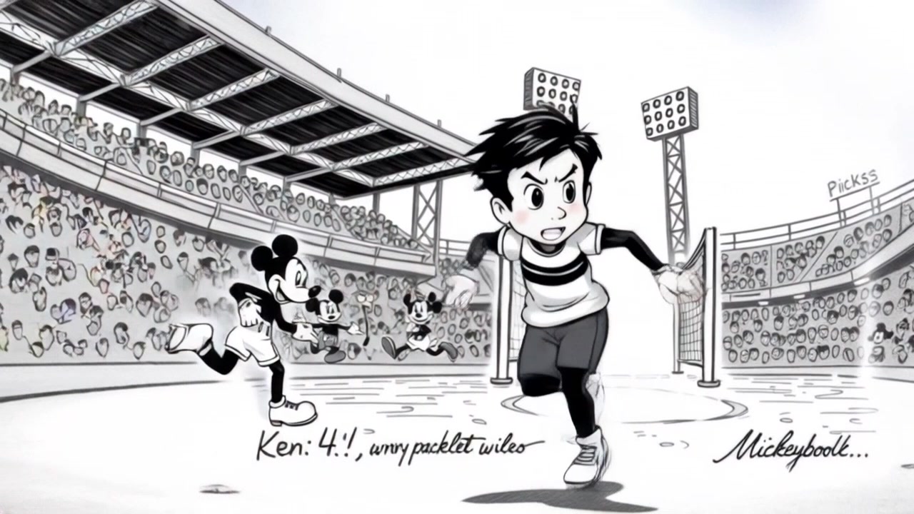 Subject: Ken sprinting towards the penalty box with increasing speed. Subject movement: Ken's determined stride drives him forward, muscles tensing and the ground blurring beneath his feet. Scene: A brightly lit soccer field, stadium lights bright against the night sky, with a lively crowd in the background. Style: Vibrant, bright lighting enhancing the excitement of the match. Motion: The camera follows Ken closely in a dynamic tracking shot, slightly low to capture the urgency of his run as it moves alongside him, panning later to reveal the goal ahead.