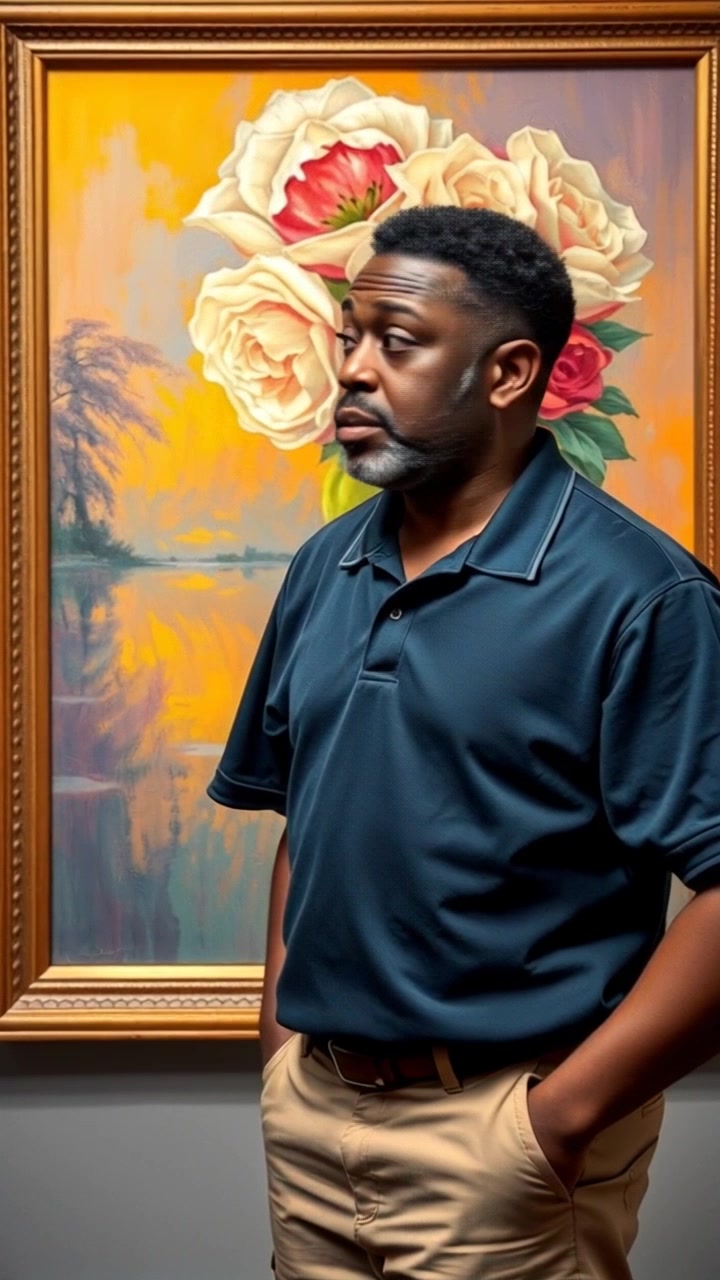 Subject: A person standing in front of a vibrant painting, their expression one of surprise, with hands on hips. Subject movement: The person shifts slightly side to side, taking in the artwork with animated curiosity. Scene: An art gallery with colorful paintings adorning the walls, soft lighting enhancing the atmosphere. Motion: The camera gently pushes in towards the surprised expression, capturing the details of the painting in the background, while the ambient light creates an inviting and warm atmosphere.