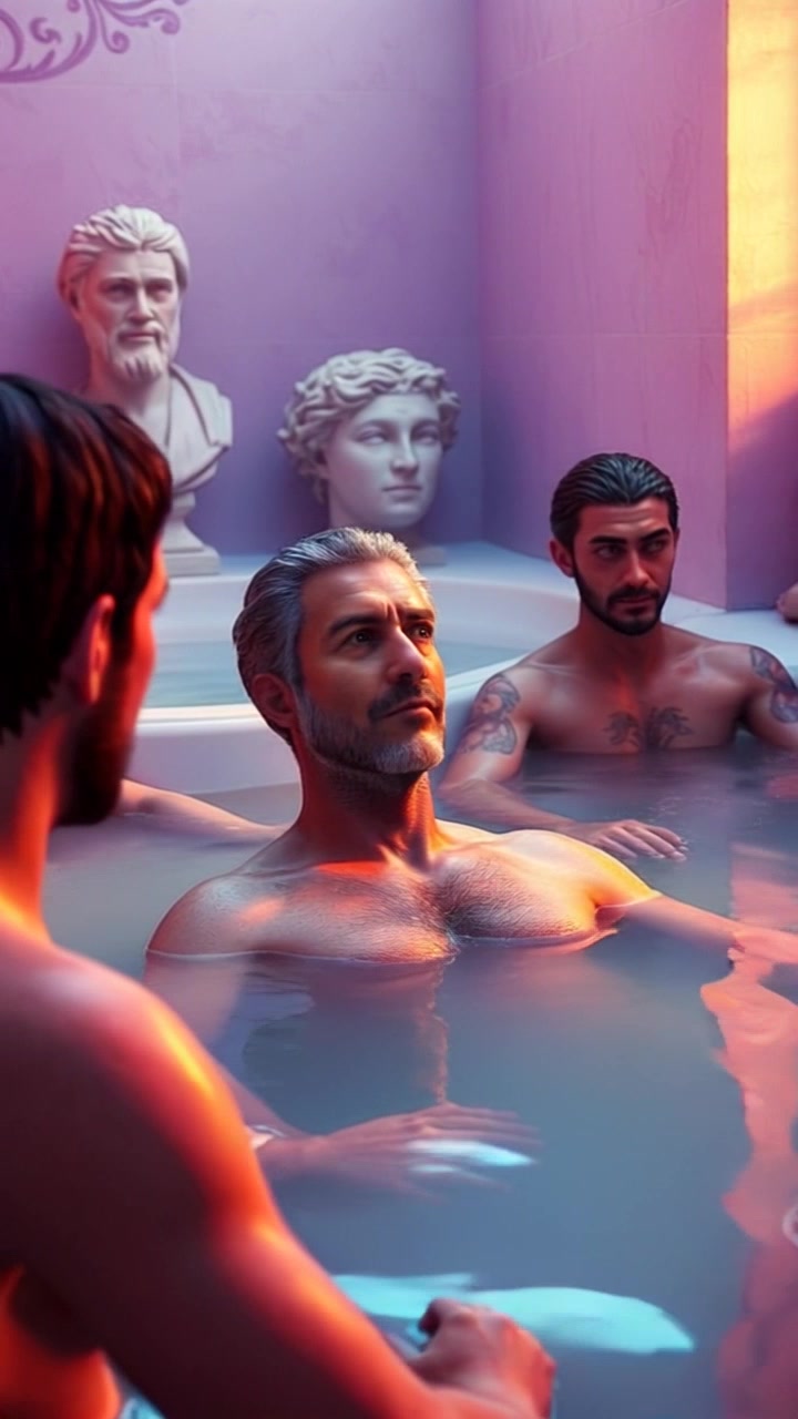 Scene: A serene Roman bathhouse filled with steam and various Romans casually socializing, relaxing in the warm waters. Style: Ambient lighting creates a soft, inviting atmosphere, accentuated by the warm hues of the tiled walls. Motion: The camera slowly glides across the bathhouse, capturing the gentle ebb and flow of water as people interact, with subtle ripples forming in the surface.