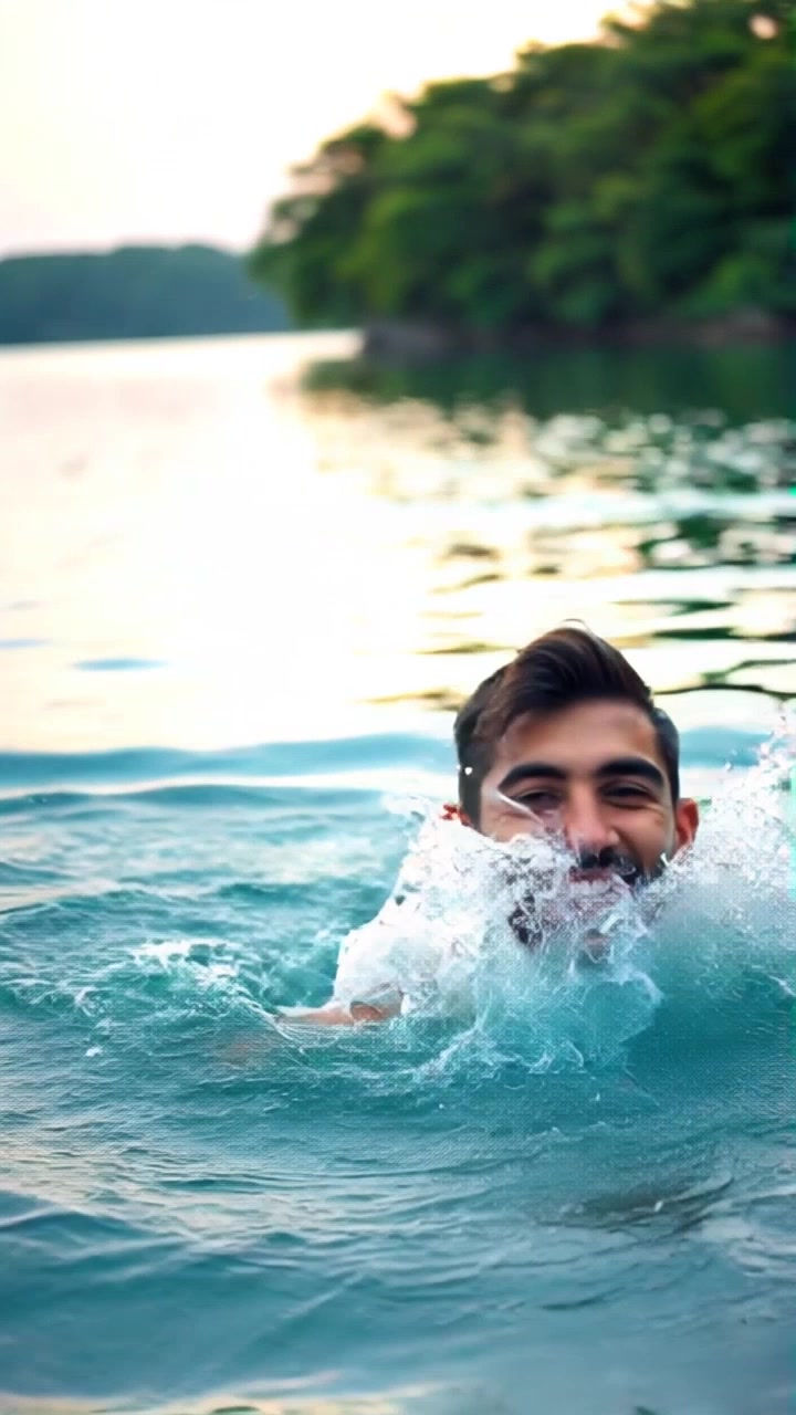 Subject: An individual shivering while splashing in cold water. Subject movement: The individual jumps playfully in the water, making big splashes and reacting to the cold. Scene: A bright, sunny day at a tranquil lakeside, surrounded by lush greenery. Style: Natural light reflecting off the water, creating sparkling highlights. Motion: Camera tracks alongside the individual, capturing their joyful yet shivering movements from a dynamic angle, adding a sense of excitement to the chilly atmosphere.