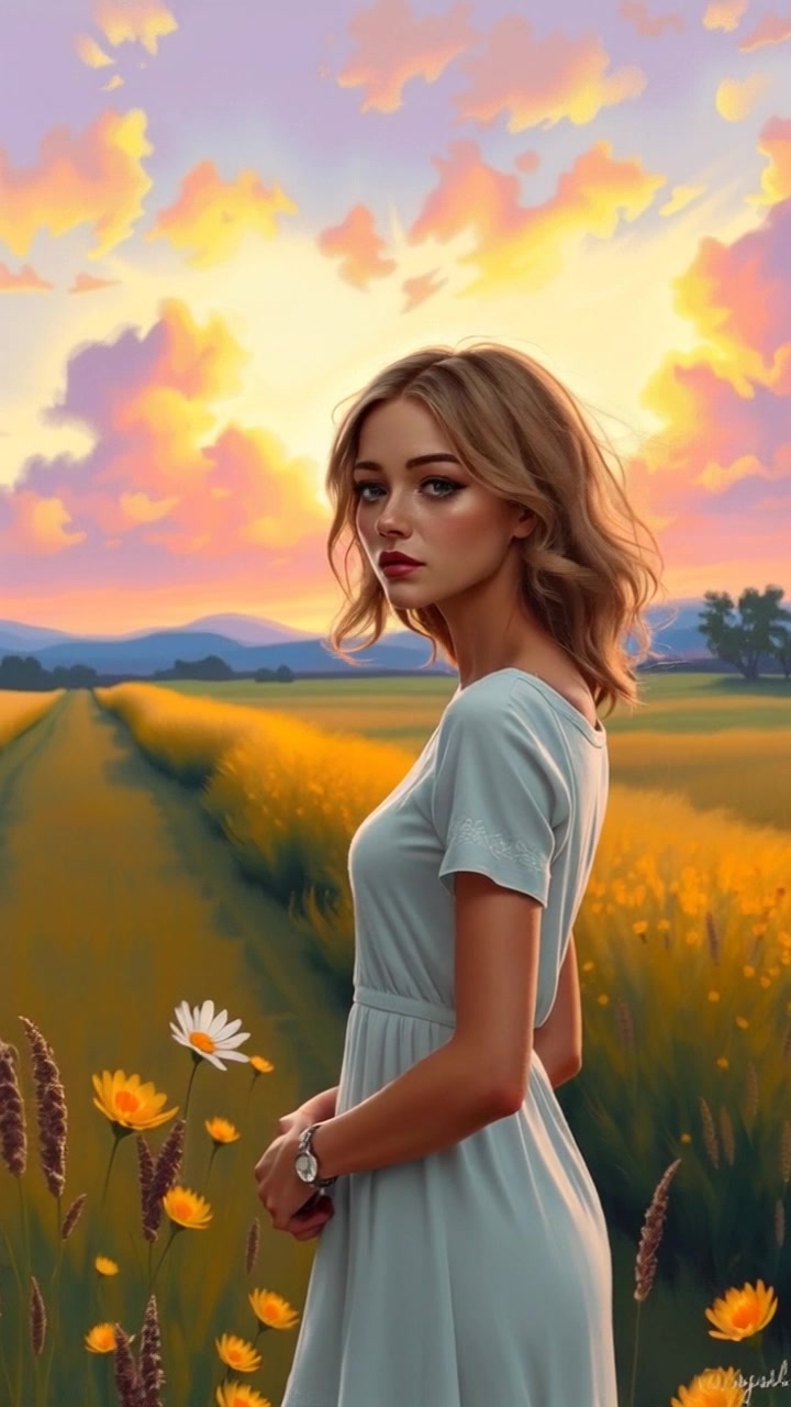 Subject: A thoughtful individual standing alone in a field. Subject movement: The person gazes contemplatively towards the horizon, with a gentle breeze causing their hair to sway slightly. Scene: Expansive field under a clear blue sky, the horizon a blend of soft pastels as daylight wanes. Style: Warm, golden-hour lighting that bathes the field in a soft glow, enhancing the tranquil mood. Motion: Camera begins with a stationary shot capturing the person in profile, then slowly pushes in to emphasize their introspective gaze towards the horizon.